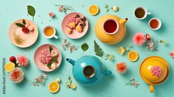 Fototapeta  a table topped with plates of food next to cups of tea and a teapot filled with flowers and fruit.