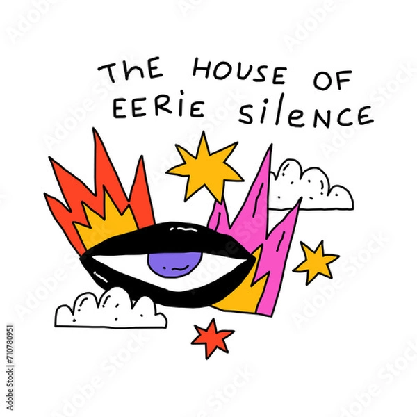 Fototapeta isolated sticker - mystical eye for halloween with text.A frightening occult look.Eyeball template for tattoo in rock and roll and punk style.Psychedelic horror sticker.1970s funky and groovy element.