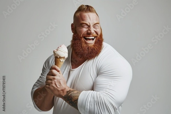 Obraz A chubby bodybuilder with massive arms, smiling with a ice cream, white background.