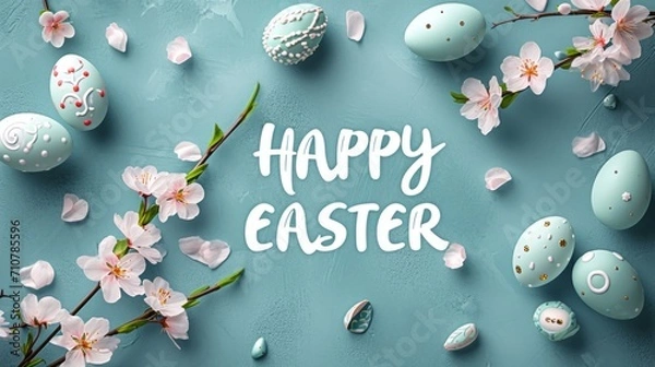 Fototapeta Happy easter banner background. Easter flowers with eggs