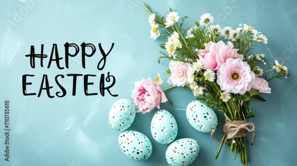 Obraz Happy easter banner background. Easter flowers with eggs