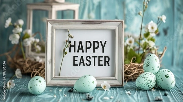 Obraz Happy easter banner background. Easter eggs with flowers