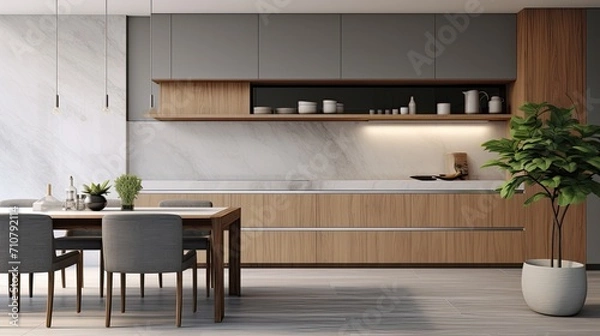 Fototapeta an elegant interior, featuring gray drawers under a kitchen cabinet, an empty wooden table, and a marble countertop in a room, emphasizing the sleek design and clean lines.
