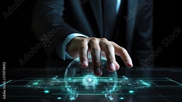 Obraz cyber security and internet security online, a businessman touching fingerprint identification to access personal financial data on a digital network, the integration of technology in network.