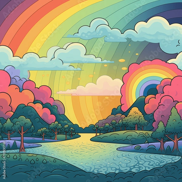 Fototapeta 2D rainbow pastel color landscape with river, cloud. cartoon style