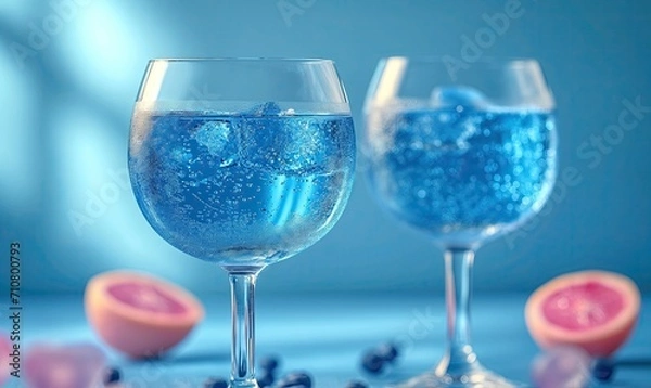 Fototapeta Blue background with blue transparent drink with ice.