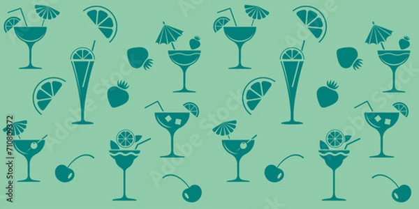 Fototapeta Seamless green background, pattern for the design of shop windows of a cafe, restaurant, kiosk, menu. Cocktails decorated with fruit.