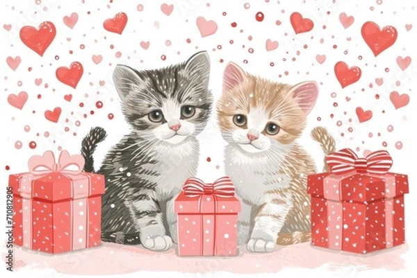 Obraz Valentines day two cute kitten and gift boxes