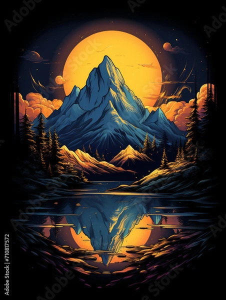 Fototapeta t-shirt design, a blue t shirt with a large sky and mountains, in the style of hyper-detailed illustrations created with Generative Ai