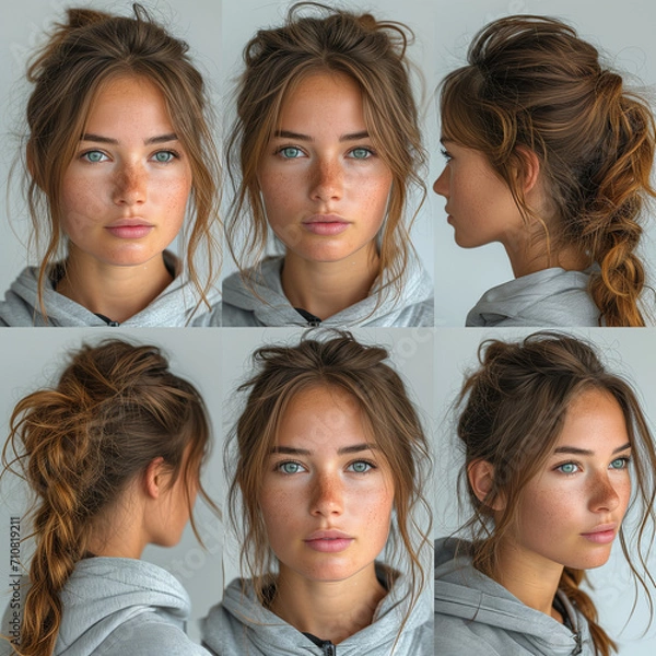 Fototapeta real beauty - 18yo russian girl character sheet with 6 expressions, various angles