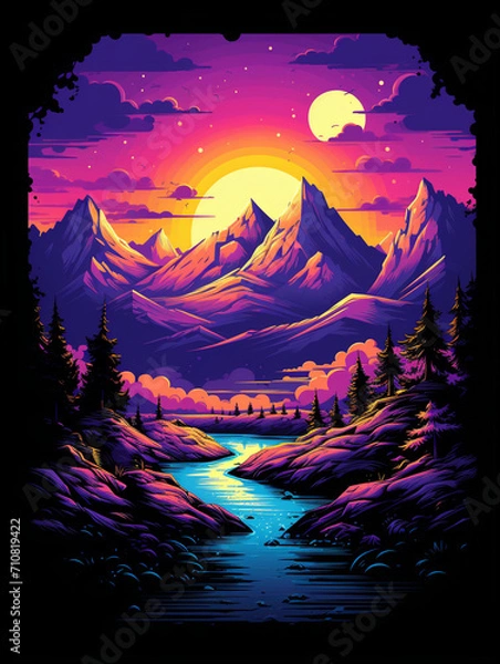 Fototapeta t-shirt design, color and mountain range artwork in the style of light orange and purple created with Generative Ai