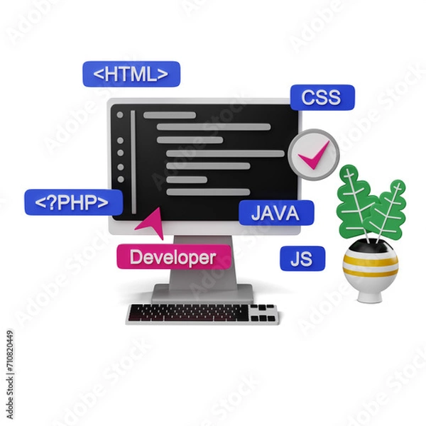 Fototapeta 3D Illustration of a Web Developer's Desktop with Programming Languages Icons, with transparent background