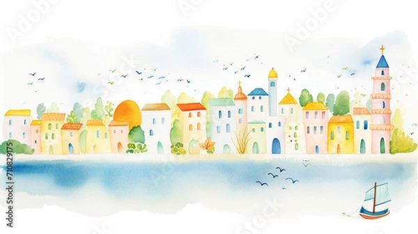 Fototapeta Travel scenes, Cartoon drawing, Water color style, AI Generated