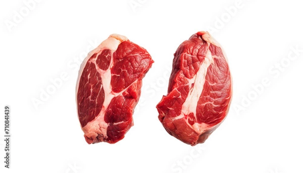 Fototapeta Two raw beef steaks isolated on transparent background. Top view.