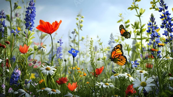 Obraz Springtime garden with flowers and butterflies
