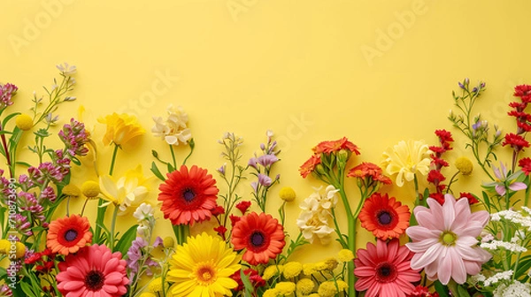 Obraz Vibrant spring flowers on yellow background with text space