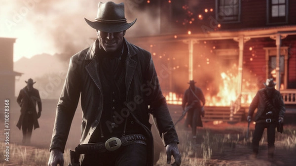 Obraz A cut-scene of a old west video game with the villain burning down a house