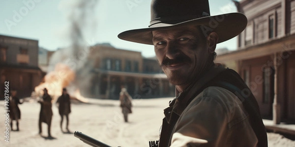 Obraz outlaws in a 70s old west movie scene with intense actors