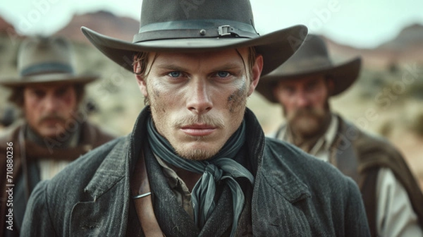 Obraz outlaws in a 70s old west movie scene with intense actors