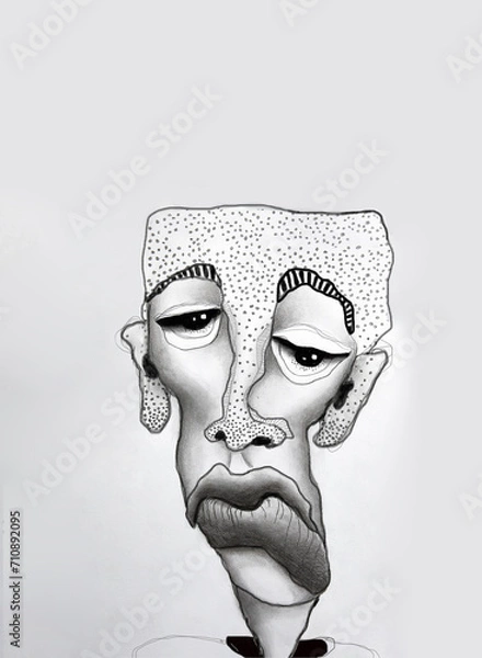 Fototapeta Minimalistic dramatic line art of man , graphic drawing of a person with  pencils on paper. Portrait figurative image. wobble face drawing 