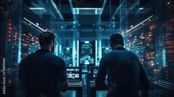 Fototapeta Pair of IT engineers , surrounded by rows of blinking server racks in a technologically advanced data center, developing innovative solutions on their sleek laptops.