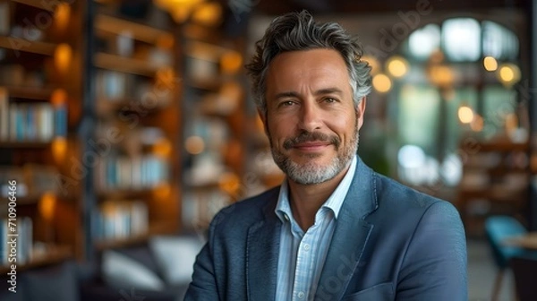 Fototapeta Confident professional man posing in a library setting. smiling gently, wearing a suit. AI
