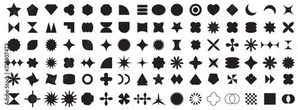 Fototapeta Brutalist abstract geometric shapes. Futuristic Y2K graphic icons. Collection of different graphic elements, star, sparkle, shapes, spheres, icons, frame, graphic design, poster, merch, flyers. Vector