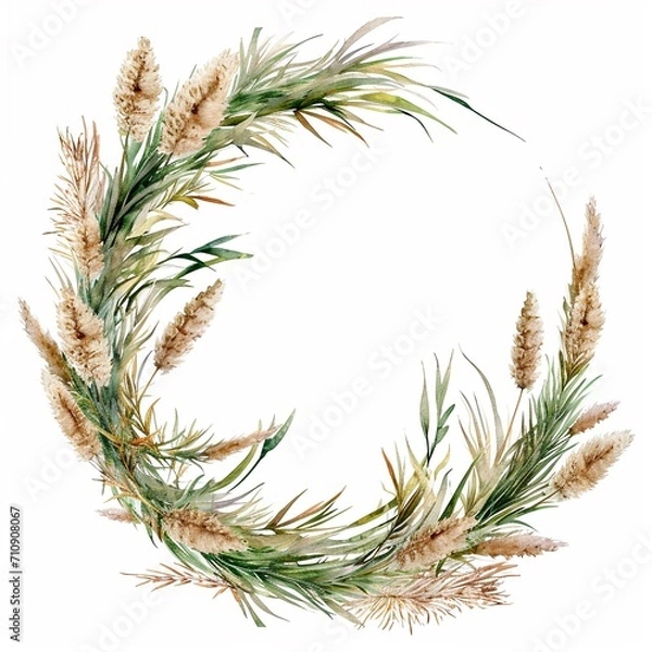 Fototapeta Pampas grass wreath, border painted with watercolor. Boho dried grass neutral colors illustration isolated on white.