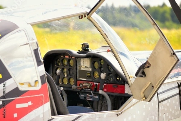 Fototapeta Control panel in the small cockpit of a microlight plane