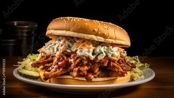 Fototapeta Fast Food A high-angle shot of a loaded BBQ pulled pork sandwich with coleslaw, emphasizing its hearty layers -Generative Ai