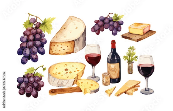 Fototapeta Watercolor illustration set clipart of cheeses for wine, design, print, vector
