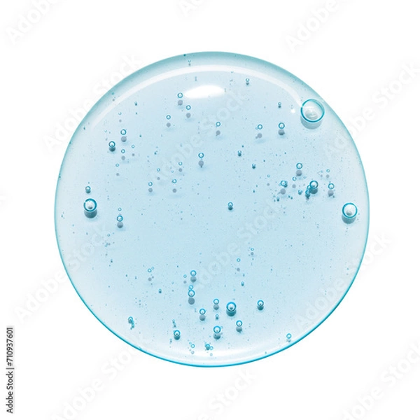 Fototapeta Blue serum oil sample swatch round shape with bubbles texture isolated on white background. cosmetic Hyaluronic acid retinol collagen science lab product
