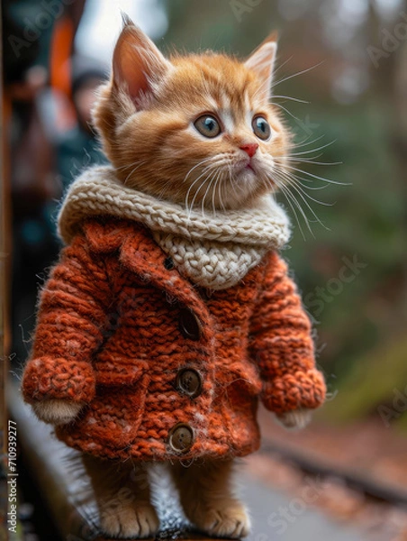 Obraz Beautiful cat dressed in knitted woolen clothes generative ai