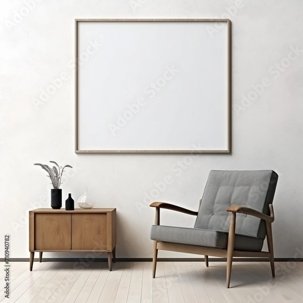 Fototapeta Retro armchair and mid-century modern credenza in a modern home interior