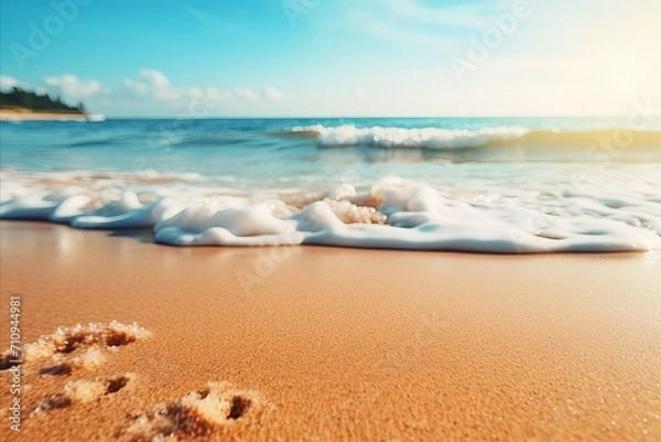 Fototapeta Serene Sea Wave Close-Up on Sandy Beach. Tranquil and Relaxing Coastal Vacation Theme