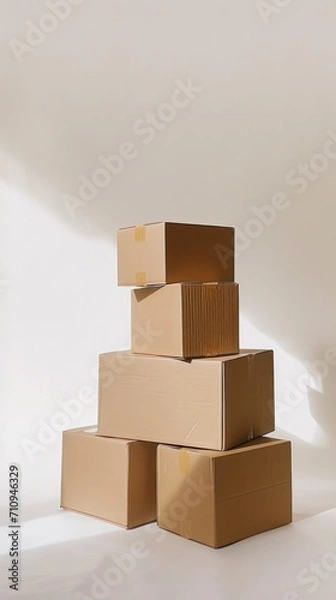 Fototapeta boxes in a pile on a white floor, in the style of minimalist,beige tones