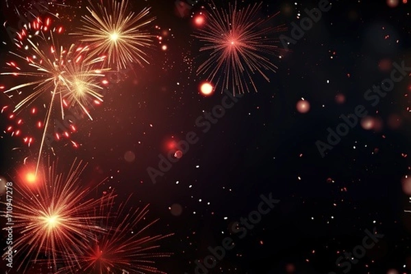 Fototapeta Fireworks. Colorful celebration fireworks isolated on a black sky background. From below, shot of wonderful and vivid fireworks exploding. Burst. Firework. Overlay. 
