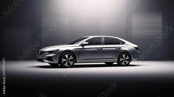 Fototapeta New car, sedan type in modern style. Copy-space, banner composition. 3D illustration
