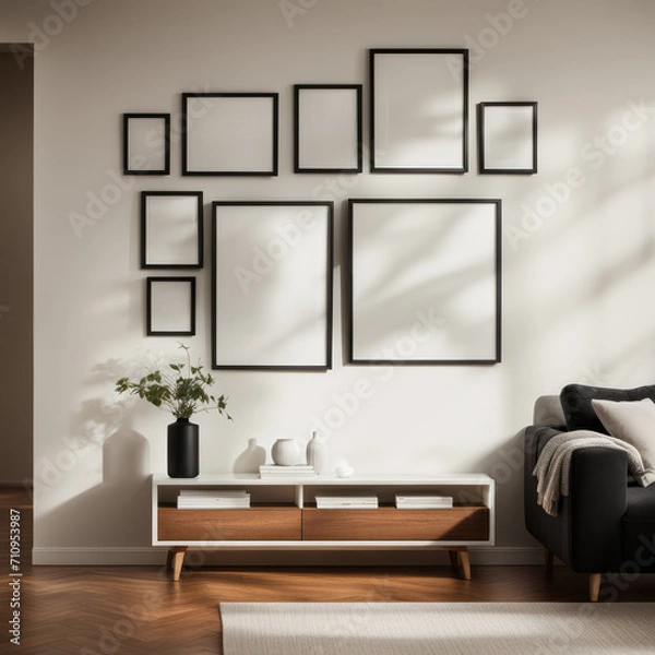 Obraz mock up, frame, white, decor, interior, blank picture, wall, interior, mock up, living room design, Scandinavian style, interior, artwork. Home staging and minimalism concept