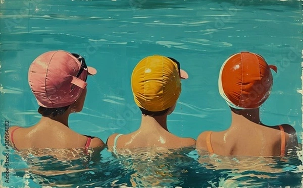 Fototapeta Three women with colorful vintage swim caps in a pool