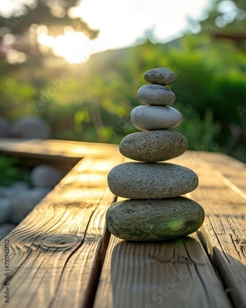 Fototapeta Several rocks stacked and balanced on a wooden deck