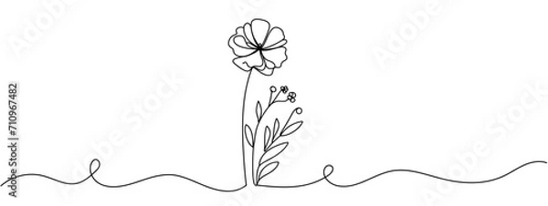 Obraz Hand drawn flower continuous. Spring flower with leaves. Botanical decorative drawing element. Vector illustartion