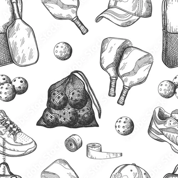 Fototapeta Vector seamless pattern with pickleball equipment. Black and white sport illustration.