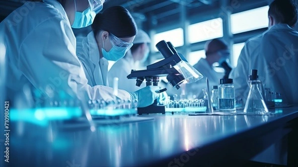 Fototapeta Students and teachers in a medical laboratory write notes during scientist lectures or lessons with mentors or teachers, medical men and women, to train and learn in chemistry class.