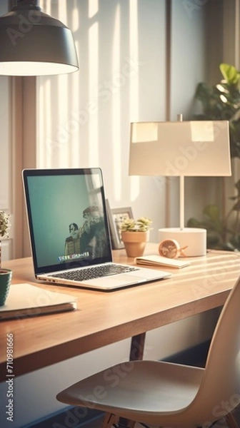 Fototapeta A desk with a laptop, lamp, and other items on it