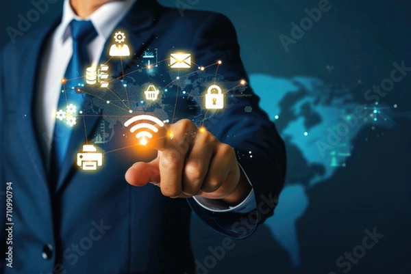 Fototapeta A businessman clicks on a wifi icon with the ability to access the network with data