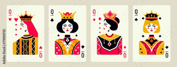 Fototapeta Queens of hearts, diamonds, clubs, spades cartoon style. Abstract modern posters template, poker concept. Vector flat design