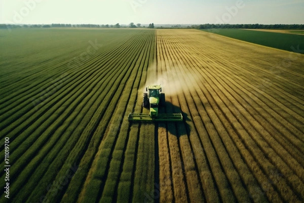 Fototapeta A tractor creates parallel lines in a vast field, half is yellow half green, under the clear sky, signifying diligent agriculture. The image is apt for farming industry promotion and agricultural tech