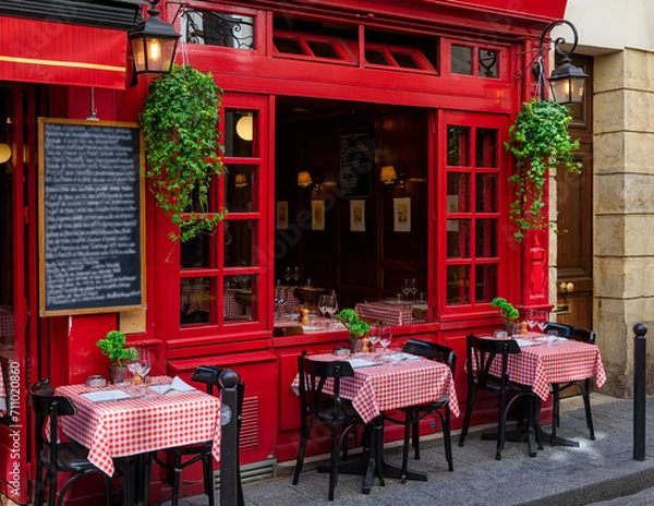 Fototapeta Narrow street with tables of cafe in Paris, France. Cozy cityscape of Paris. Architecture and landmarks of Paris.