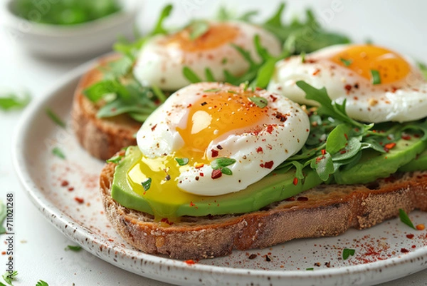 Fototapeta Avocado toast with poached eggs